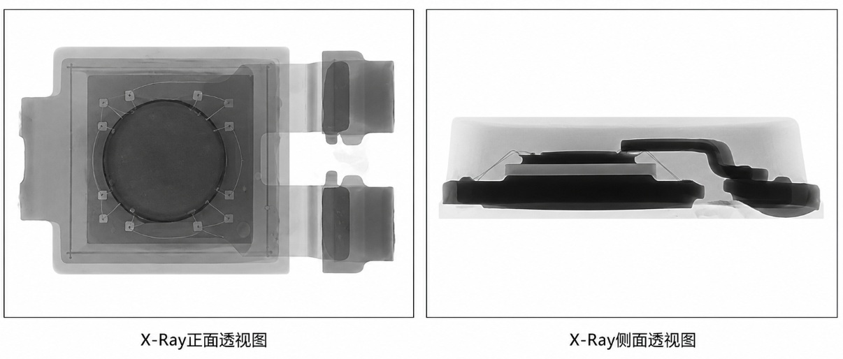 芯片失效分析，X-Ray正面透视图，清晰展示晶粒居中位置与键合线完整形态；X-Ray侧面透视图，展示引脚与框架的三维结构关系